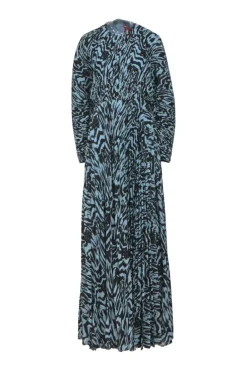 Blue zebra-print plissé polyester crêpe crewneck long-sleeved Taima maxi dress