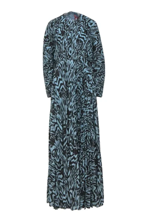 Blue zebra-print plissé polyester crêpe crewneck long-sleeved Taima maxi dress