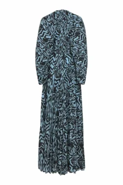 Blue zebra-print plissé polyester crêpe crewneck long-sleeved Taima maxi dress