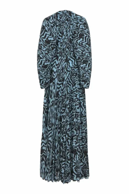 Blue zebra-print plissé polyester crêpe crewneck long-sleeved Taima maxi dress