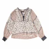Blush and lilac paneled viscose-cotton blend ditsy floral print pullover tie-front tunic top