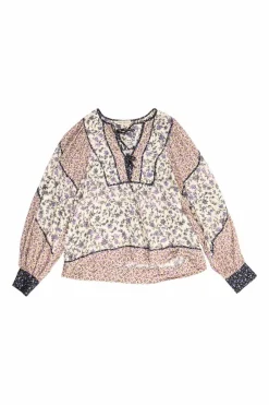 Blush and lilac paneled viscose-cotton blend ditsy floral print pullover tie-front tunic top