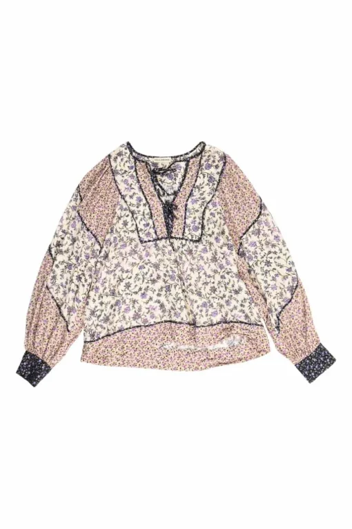 Blush and lilac paneled viscose-cotton blend ditsy floral print pullover tie-front tunic top