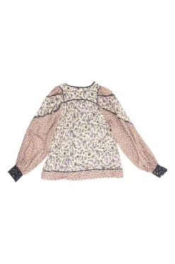 Blush and lilac paneled viscose-cotton blend ditsy floral print pullover tie-front tunic top