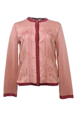 Blush and red silk 'Étude Pour Une Parure De Gala' Twillaine cardigan featuring original artwork by Florence Manlik