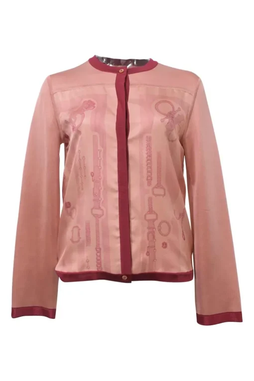 Blush and red silk 'Étude Pour Une Parure De Gala' Twillaine cardigan featuring original artwork by Florence Manlik