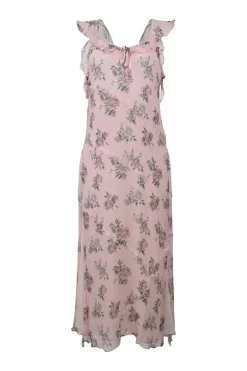 Blush bias-cut crinkle silk floral print flutter sun dress with cross-cross open back