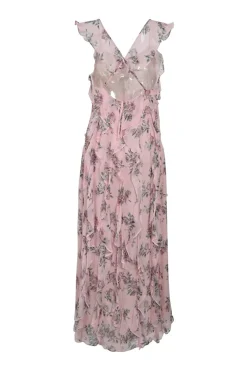 Blush bias-cut crinkle silk floral print flutter sun dress with cross-cross open back