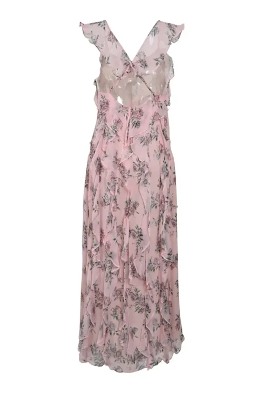 Blush bias-cut crinkle silk floral print flutter sun dress with cross-cross open back