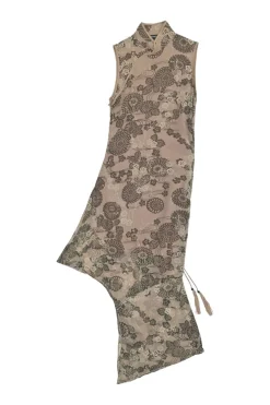 Blush bias-cut silk floral print asymmetric Qipao dress with drawstring side seam