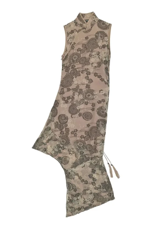 Blush bias-cut silk floral print asymmetric Qipao dress with drawstring side seam