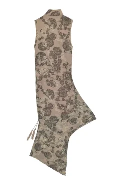 Blush bias-cut silk floral print asymmetric Qipao dress with drawstring side seam