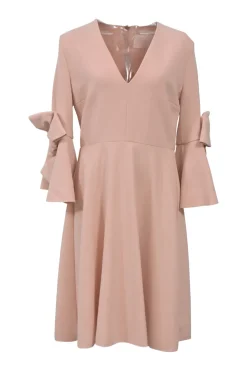 Blush bow-embellished polyester-blend plunge neck flounce sleeve cocktail dress