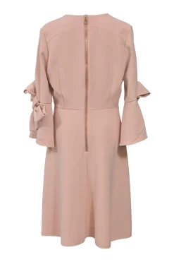 Blush bow-embellished polyester-blend plunge neck flounce sleeve cocktail dress