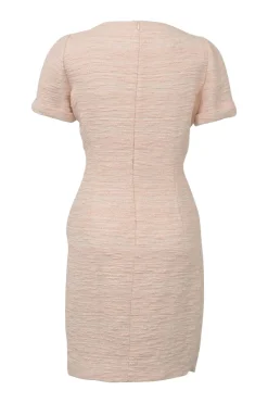 Blush cotton-blend bouclé tweed short sleeve half-button sheath dress with contrasting floral bow appliqué at centre front