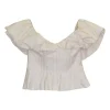 Blush cotton-blend corset-style off-shoulder pintuck ruffle bustier top