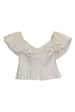 Blush cotton-blend corset-style off-shoulder pintuck ruffle bustier top