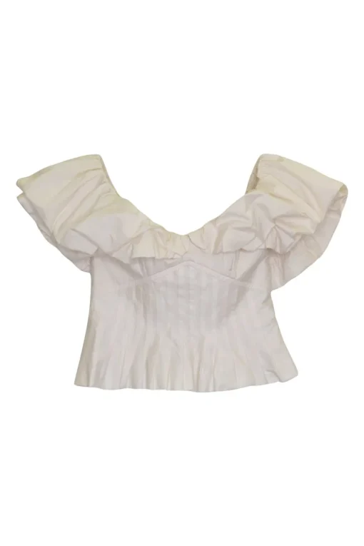 Blush cotton-blend corset-style off-shoulder pintuck ruffle bustier top