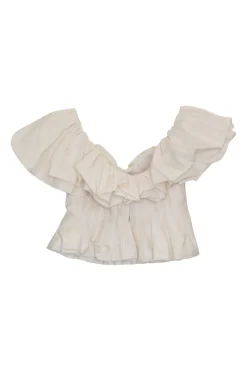Blush cotton-blend corset-style off-shoulder pintuck ruffle bustier top