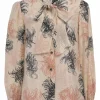 Blush cotton-blend feather metallic stripe jacquard button-front pussy-bow blouse