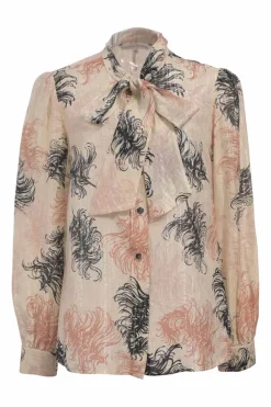 Blush cotton-blend feather metallic stripe jacquard button-front pussy-bow blouse