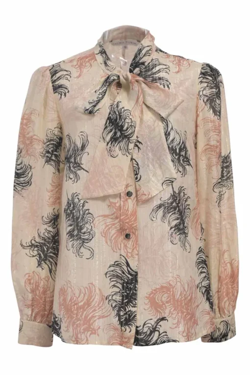 Blush cotton-blend feather metallic stripe jacquard button-front pussy-bow blouse