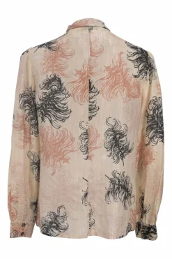 Blush cotton-blend feather metallic stripe jacquard button-front pussy-bow blouse