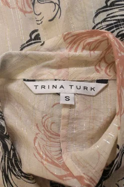 Blush cotton-blend feather metallic stripe jacquard button-front pussy-bow blouse