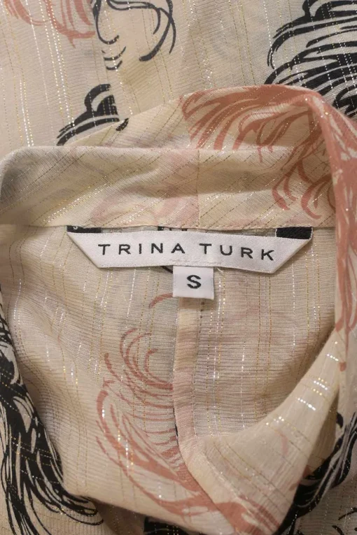 Blush cotton-blend feather metallic stripe jacquard button-front pussy-bow blouse