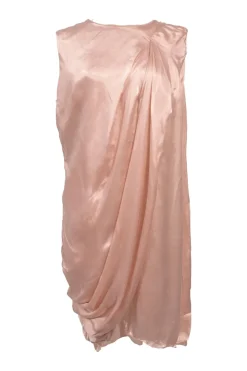 Blush draped cupro satin sleeveless shift dress with ruched detailing at hip