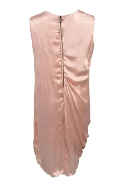Blush draped cupro satin sleeveless shift dress with ruched detailing at hip