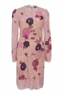 Blush floral-embroidered viscose-blend eyelash lace long sleeve illusion sheath dress