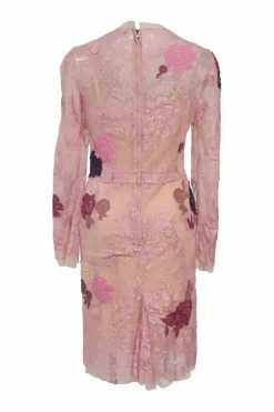 Blush floral-embroidered viscose-blend eyelash lace long sleeve illusion sheath dress