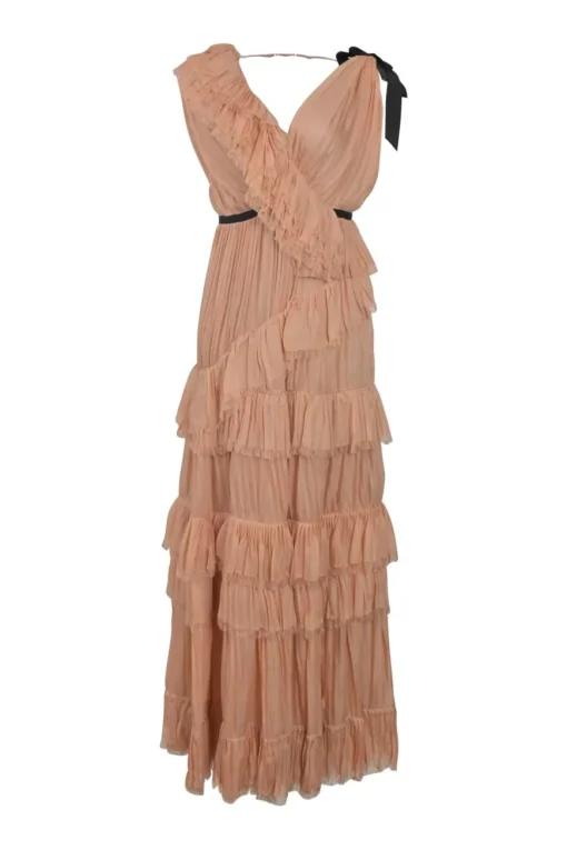 Blush frill-trimmed crinkle silk Petals On The Wind wrap-effect plunge neck column gown