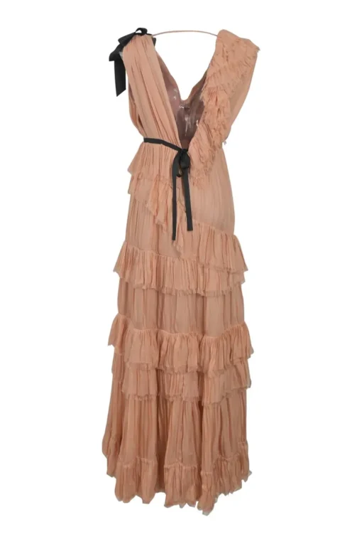 Blush frill-trimmed crinkle silk Petals On The Wind wrap-effect plunge neck column gown
