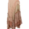 Blush frill-trimmed paneled viscose-blend floral lace tiered maxi skirt with handkerchief hem