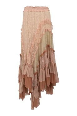 Blush frill-trimmed paneled viscose-blend floral lace tiered maxi skirt with handkerchief hem