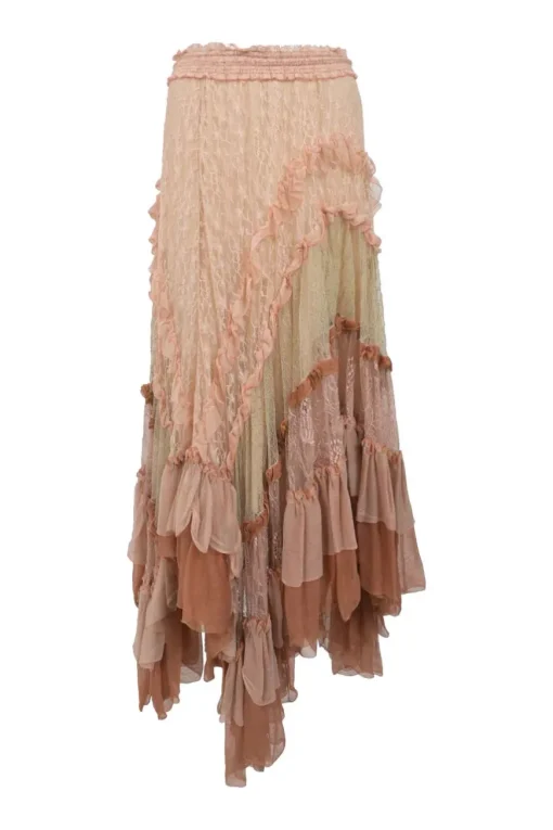 Blush frill-trimmed paneled viscose-blend floral lace tiered maxi skirt with handkerchief hem