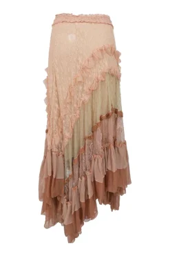 Blush frill-trimmed paneled viscose-blend floral lace tiered maxi skirt with handkerchief hem