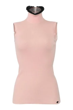 Blush fringe-trimmed cashmere-blend turtleneck pullover sleeveless rib knit top