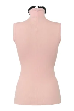 Blush fringe-trimmed cashmere-blend turtleneck pullover sleeveless rib knit top