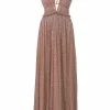Blush gathered metallic floral stripe jacquard tie-back plunge neck gown