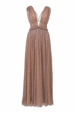 Blush gathered metallic floral stripe jacquard tie-back plunge neck gown