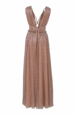 Blush gathered metallic floral stripe jacquard tie-back plunge neck gown