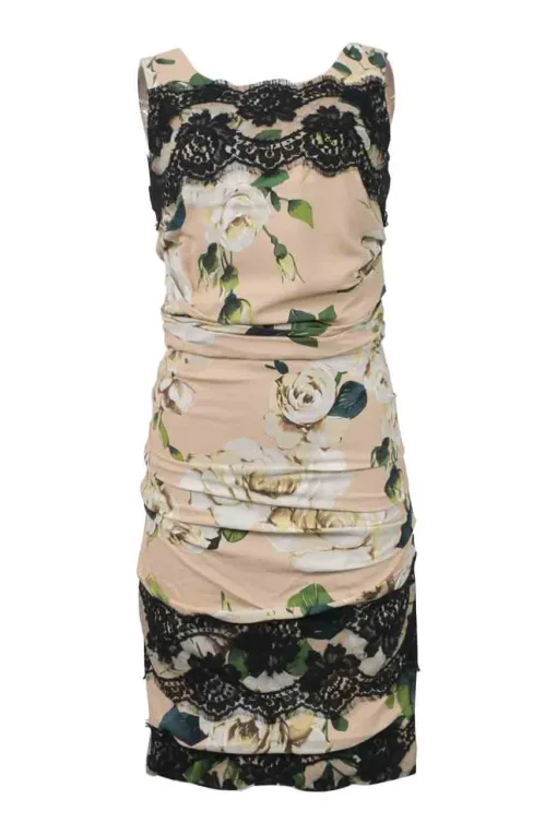 Blush lace-trimmed viscose-blend floral digi-print ruched sheath dress