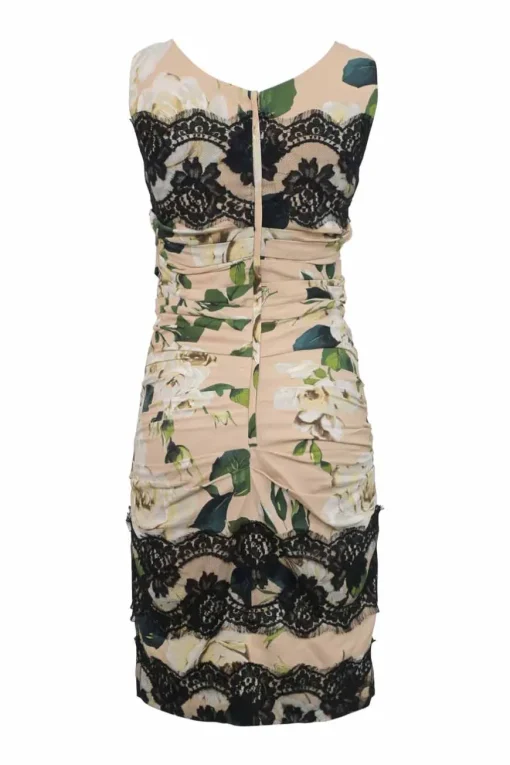 Blush lace-trimmed viscose-blend floral digi-print ruched sheath dress