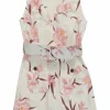 Blush linen floral print V-neck belted mini dress with hip cargo patch pockets