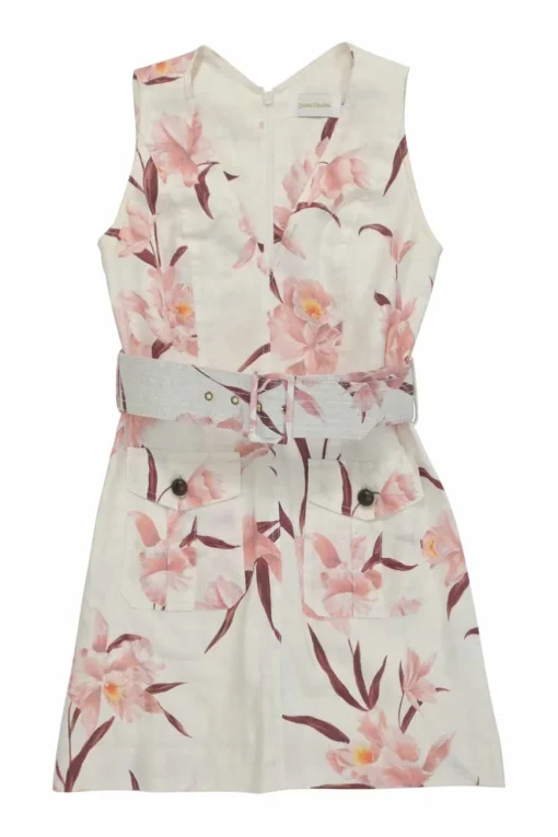 Blush linen floral print V-neck belted mini dress with hip cargo patch pockets
