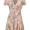 Blush linen floral print short sleeve godet mini dress