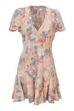 Blush linen floral print short sleeve godet mini dress